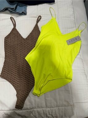 gaze Neon Yellow & Brown Textured V-Neck Bodysuits set of 2 size XS